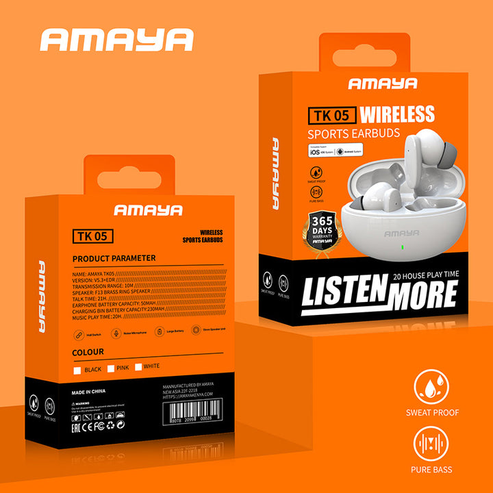 Amaya TK 05 Wireless Sports Earbuds 5.3 Bluetooth - 20 Hours Play Time 1 Year Warranty - Amayakenya