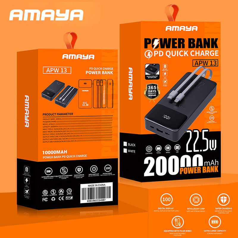 Amaya APW-13 power bank 20000mAh 22.5W super fast charging with 2 lines - Amayakenya