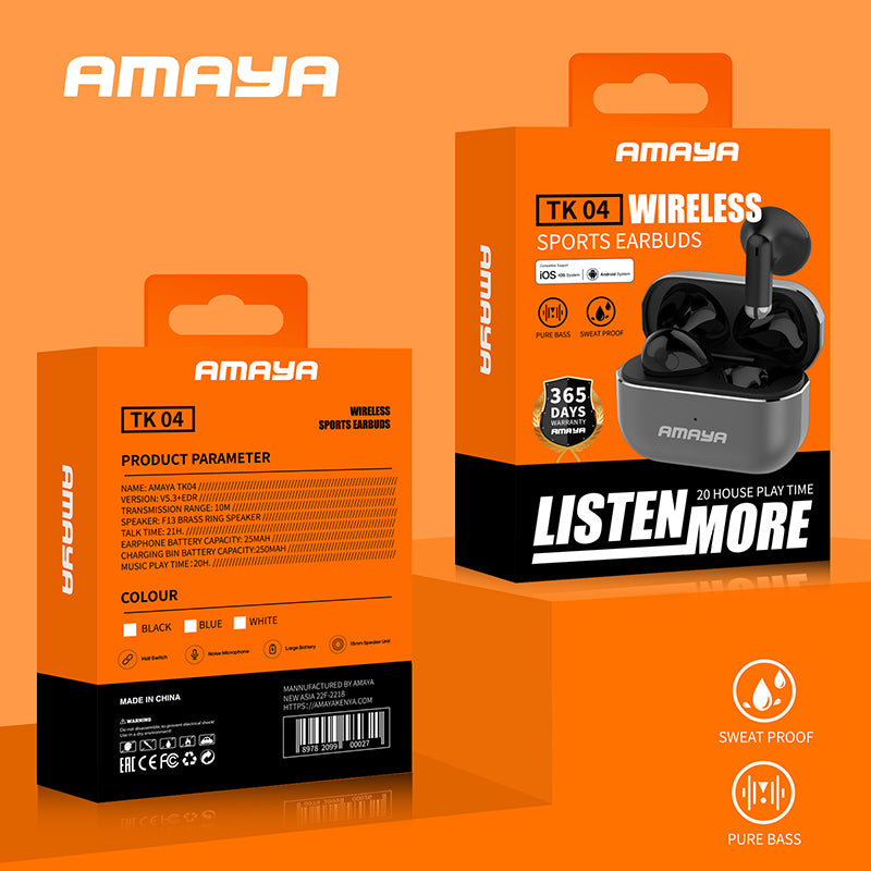 Amaya TK 04 Wireless Sports Earbuds 5.3 Bluetooth - 20 Hours Play Time 1 Year Warranty - Amayakenya